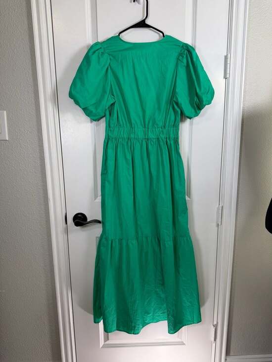 French Connection Women's Mint Green Cotton Poplin Puff Sleeve Tiered Maxi Dress - Picture 3 of 5